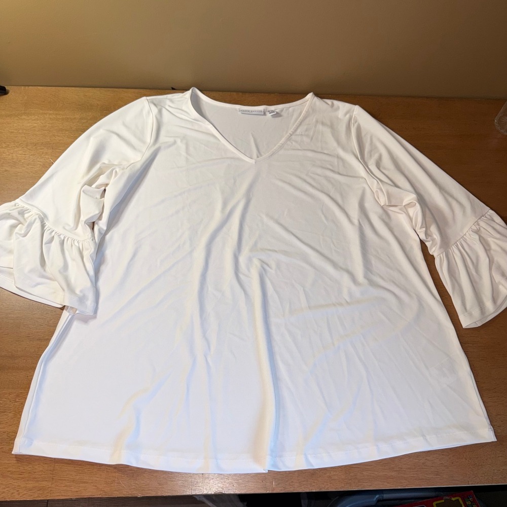 Susan Graver Liquid Knit White V-Neck Bell Sleeve Ruffle Top 2X